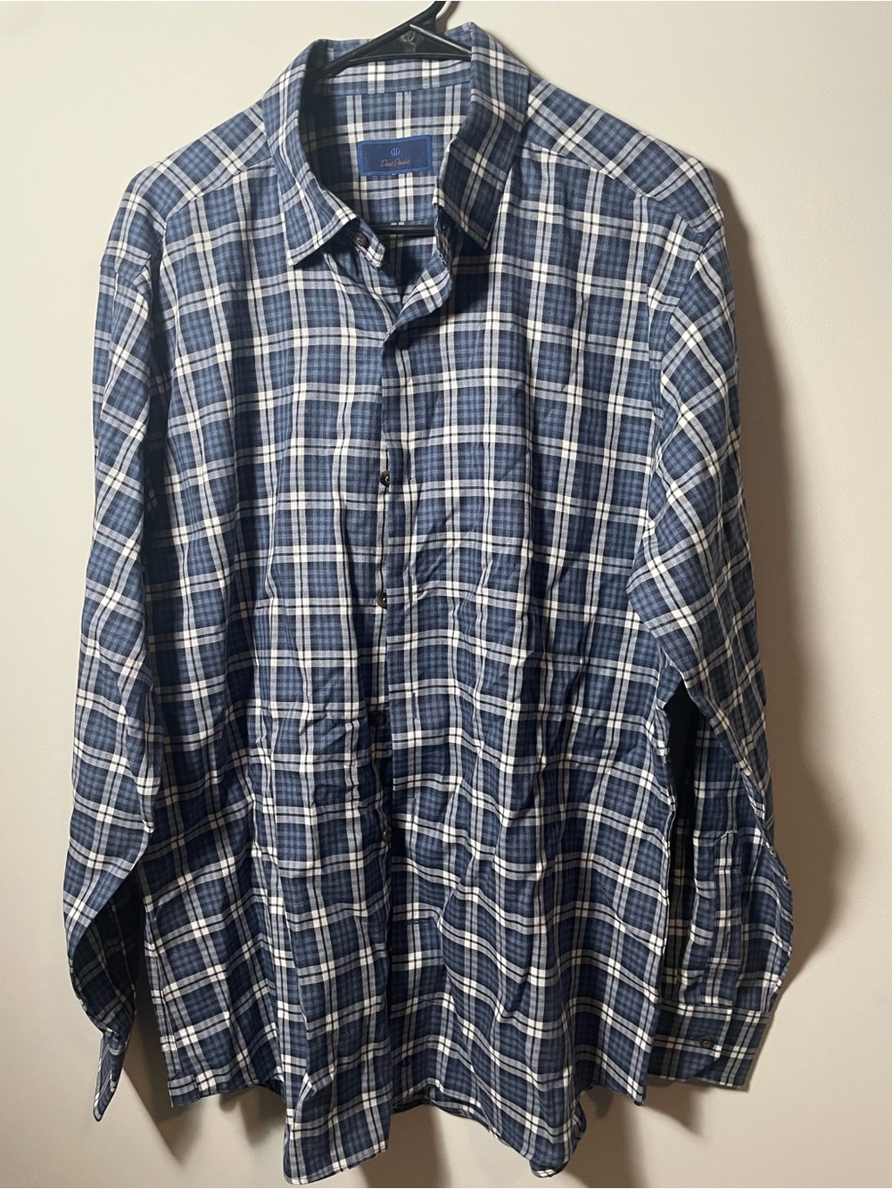 Men’s Large David Donahue Button-Down Plaid Shirt in Blue and White